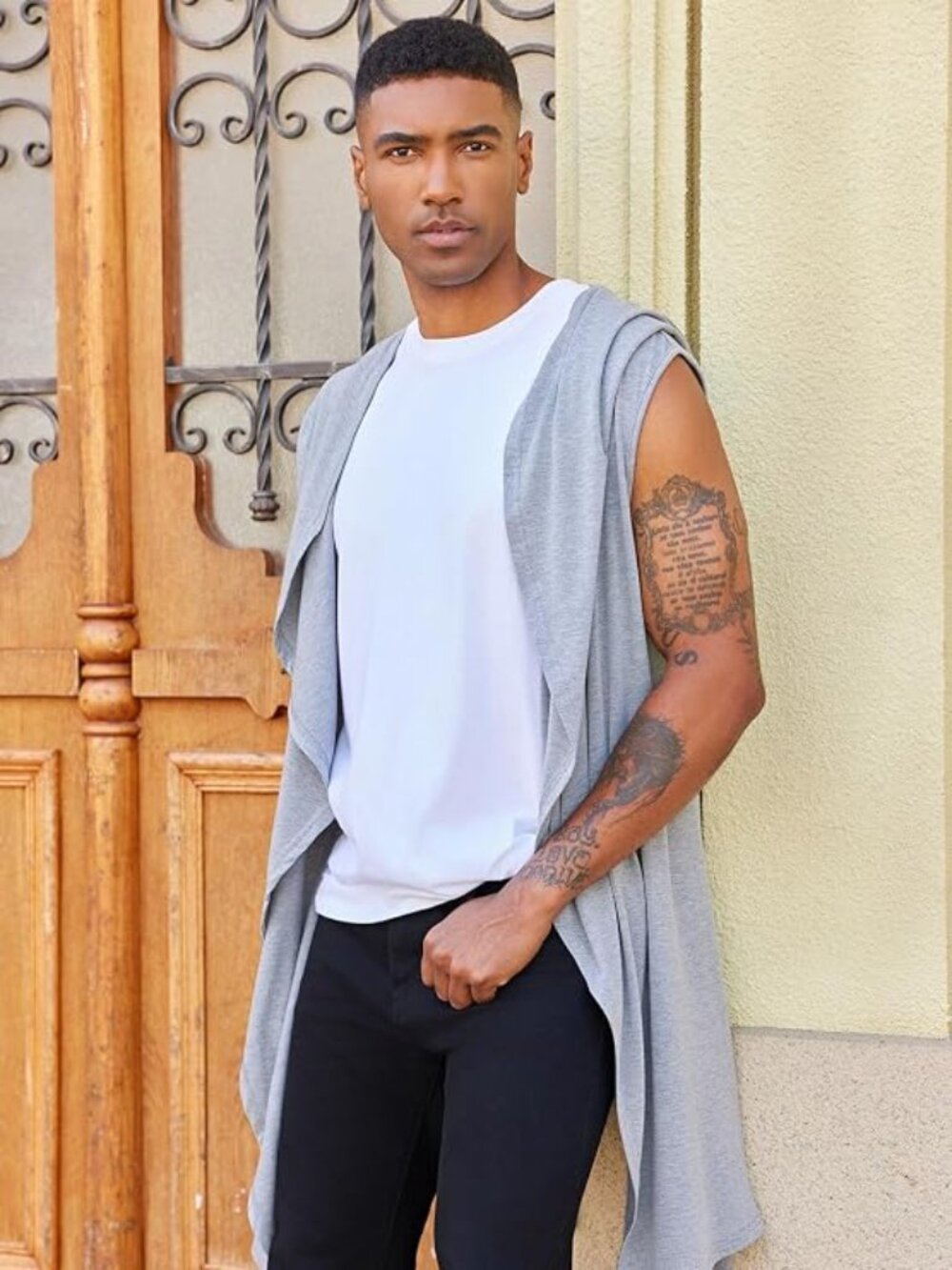 Runcati Mens Long Hooded Cardigan Ruffle Shawl Collar Open Front Long Sleeve